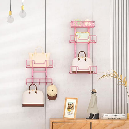 HapiRm Over Door Purse Organizer - Adjustable Purse Storage Rack with Bags Design Metal Basket, Wall Mounted Handbag Organizer, Hanging Handbag Holder, Can Use As 1/2 Part Detachable