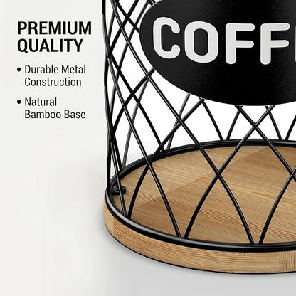 Coffee Pod Holder for K Cups – K Cup Organizer with Metal Wire and Bamboo Base, Large Capacity Coffee Pod Storage for Countertop, Coffee Bar or Kitchen, Pod Holder for K-Cup Style Capsule