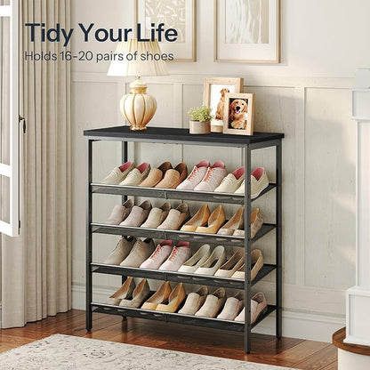HOOBRO Shoe Rack for Entryway, 5-Tier Shoe Organizer with Adjustable Mesh Shelves, 12-16 Pairs of Shoes, Spacious Floor Mount, Metal, Industrial, Shoe Shelf for Closet, Black BB12XJ01