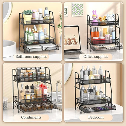 2-Tier Bathroom Counter Organizer with Drawer, Bathroom and Makeup Organizer Countertop, Easy to Install, Ideal for Bathroom organizer, Vanity, Large Skincare, Perfume, Present, and More,Black