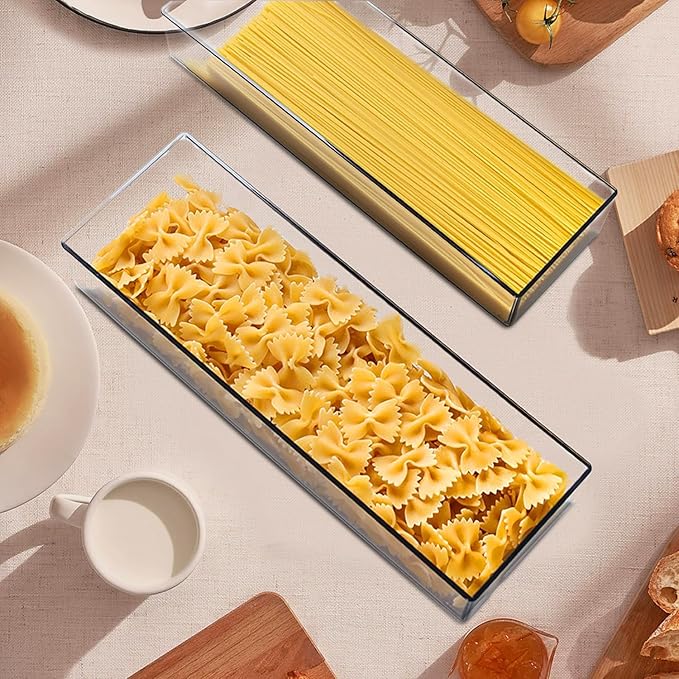 2 Pack Airtight Pasta Containers with Lid, 1.1L Spaghetti Noodle Food Storage Box, Clear Rectangular Cereal Canister for Kitchen Pantry, Plastic Stackable Food Organizer for Fridge
