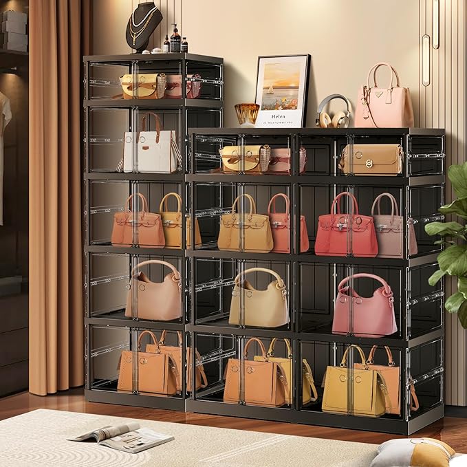 CIMLORD 4-Tier Foldable Shoe Rack for Closet Entryway 8-16Pairs,Stackable Clear Shoe Storage Boxes Organizer with Door Plastic Shoe Cabinet Bins with Lids Shoes Shelf Easy Assembly Large Black