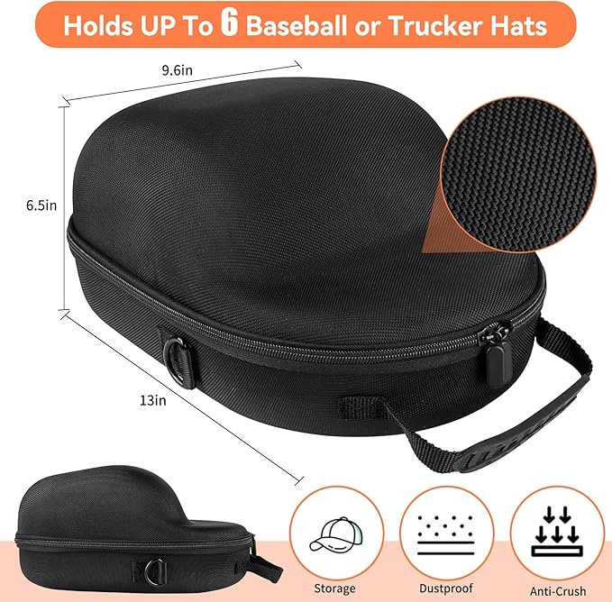 Travel Hat Case for Baseball Caps, Hardshell Hat Case with Carrying Handle and Adjustable Shoulder Strap, Baseball Cap Hat Holder for 6 Hat Capacity,Travel Accessories for Men with Gifted Box