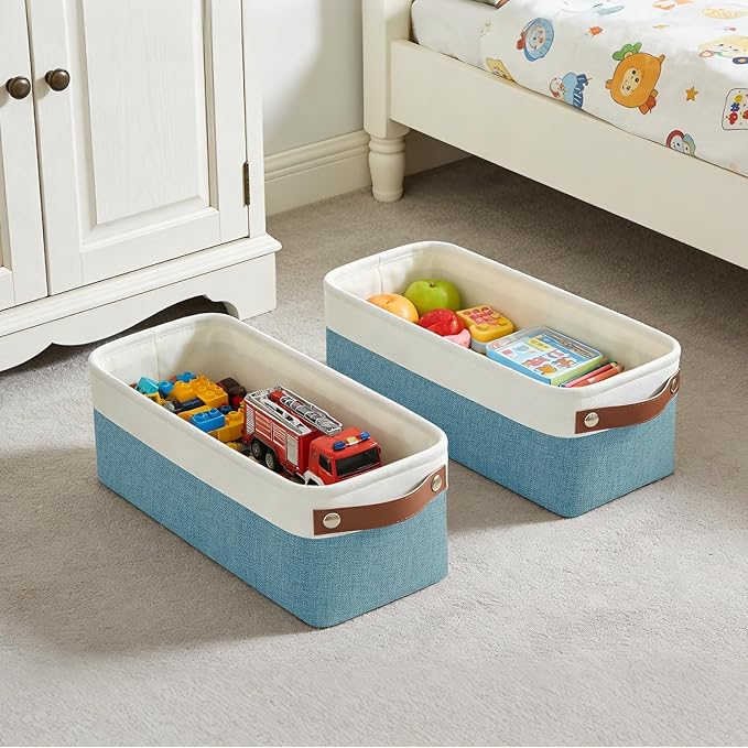 Bagnizer Small Fabric Storage Baskets, 15x6x5 inch Narrow Storage Bins 4-Pack Long Storage Basket for Organizing with Handles, Decorative Basket for Closets, Shelves, Toilet Paper, Teal