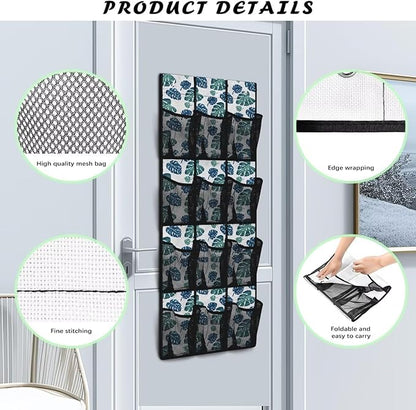 12 Large Mesh Pockets Monstera Leaves Over the Door Shoe Organizer Sturdy Oxford Fabric Hanging Shoe Rack for Closet Organizers and Storage