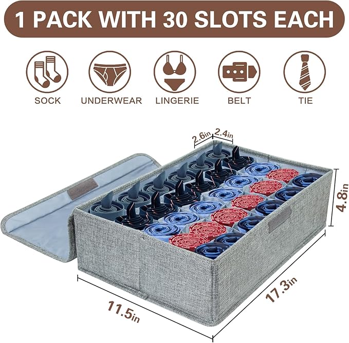 PINGMIC Gray Sock Organizer Divider 1 Pack with Lid - 30 Cell Foldable Closet Storage, Tie Organizer For Men Boxes for Socks, Ties, Belts