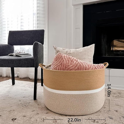 CHICVITA XXL Extra Large Cotton Rope Woven Basket with Handles, Throw Blanket Storage Basket, Decorative Clothes Hamper - 22" x 22" x 14", Brown&White