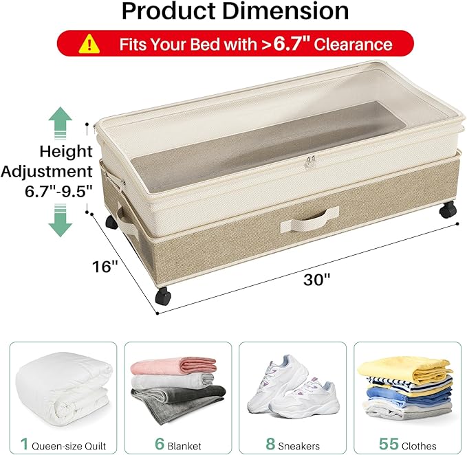 Kitstorack 4 Pack Height-adjustable Under Bed Storage with Wheels, Under Bed Storage Containers,Under Bed Shoe Storage Organizer with Clear Window&Label, Suitable for Clothes Storage, Beige & Linen