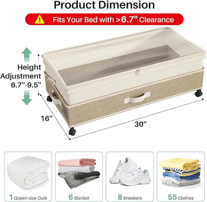 Kitstorack 4 Pack Height-adjustable Under Bed Storage with Wheels, Under Bed Storage Containers,Under Bed Shoe Storage Organizer with Clear Window&Label, Suitable for Clothes Storage, Beige & Linen
