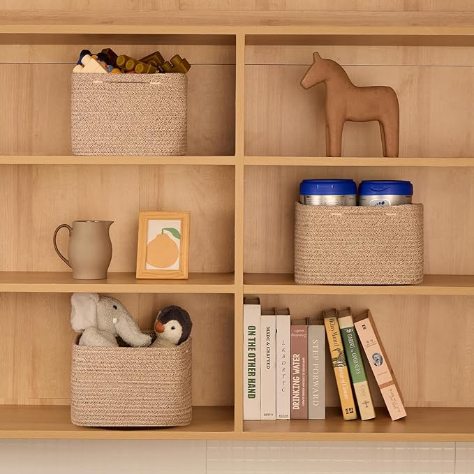 MiniArk Small Organizing Baskets for Cubes Shelf, 9.7x9.7x7.1 Inch Rope Woven Storage Bins for Nursery Shelves Storage, Cute Toy Basket, Square 3 Packs Mixed Brown
