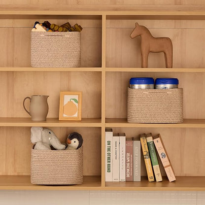 MiniArk Small Organizing Baskets for Cubes Shelf, 9.7x9.7x7.1 Inch Rope Woven Storage Bins for Nursery Shelves Storage, Cute Toy Basket, Square 3 Packs Mixed Brown