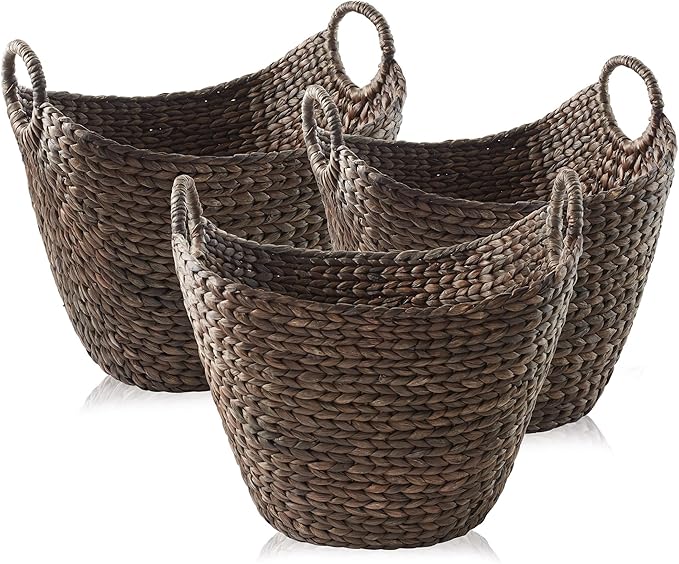 Casafield Set of 3 Multipurpose Boat Baskets with Handles - Espresso, Woven Water Hyacinth Storage Organizers for Throw Blankets, Bedroom, Laundry