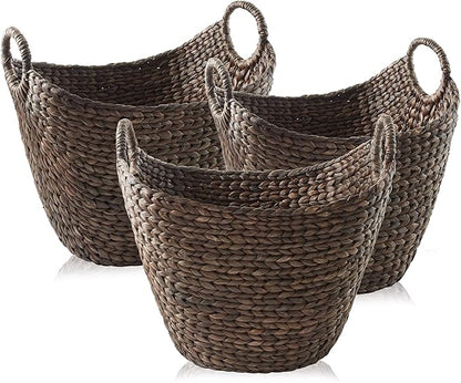 Casafield Set of 3 Multipurpose Boat Baskets with Handles - Espresso, Woven Water Hyacinth Storage Organizers for Throw Blankets, Bedroom, Laundry