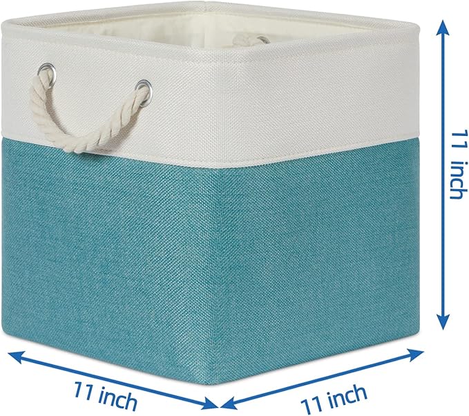 Temary Cubes Storage Baskets 11 Inch Cube Storage Bins 4 Pack Fabric Baskets for Gift Empty Teal Storage Bins for Shelves, Collapsible Fabric Storage Cubes Basket for Storage (White&Teal)