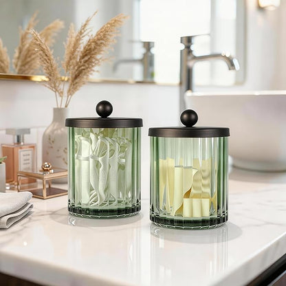 Amolliar Sage Green Glass Apothecary Jar With Metal Lid & Stickers, Bathroom Qtip Holder Dispenser for Cotton Swabs, Balls, Round Pads, Bath Salt, Floss, Countertop Canister Storage, Bronze 4 Pack