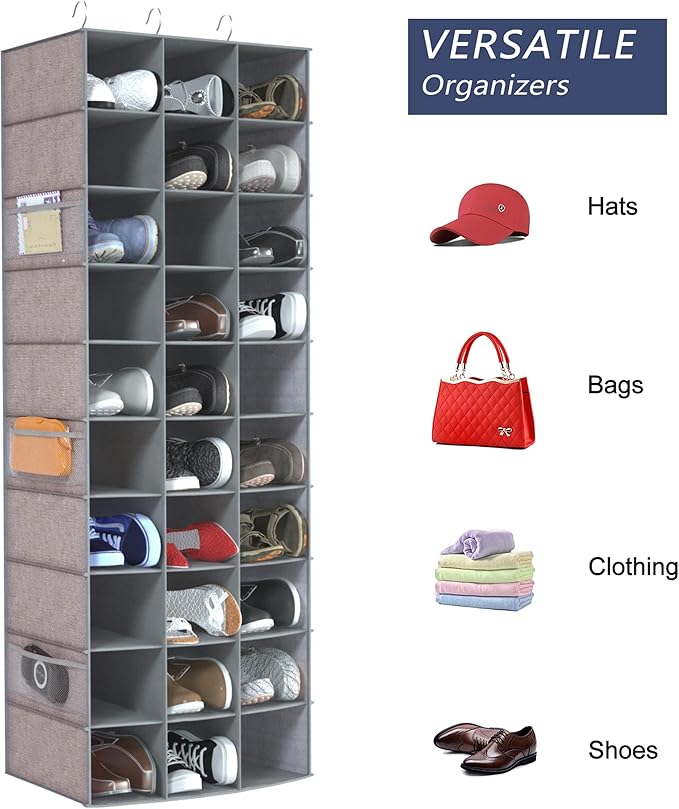 Libeder 30 Section Hanging Shoe Organizer for Closet, Hanging Closet Organizers with 6 Side Mesh Pockets, Shoe Storage Hanging Shoe Rack, Space Saving Shoe Holder