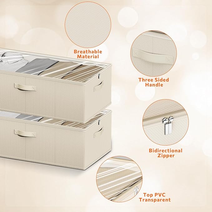 10inch 3 Pack Under Bed Storage Containers, 10 Inch Tall Underbed Clothes Storage Organizer Bin with Clear Window，Foldable Box Basket for Clothes, Closet, Bed Sheets and Blankets Beige