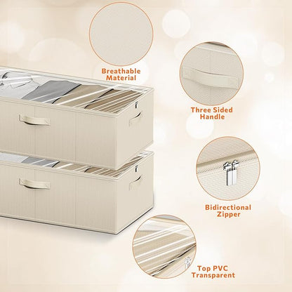 10inch 3 Pack Under Bed Storage Containers, 10 Inch Tall Underbed Clothes Storage Organizer Bin with Clear Window，Foldable Box Basket for Clothes, Closet, Bed Sheets and Blankets Beige