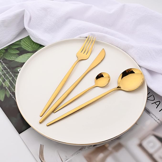 24 Piece Hanging Flatware Set, Stainless Steel Family Kitchen Utensil Set with Rack, Cutlery set for 6 with Holder, Silverware Sets with Holder, Hanging flatware set, Mirror Polished(Gold)