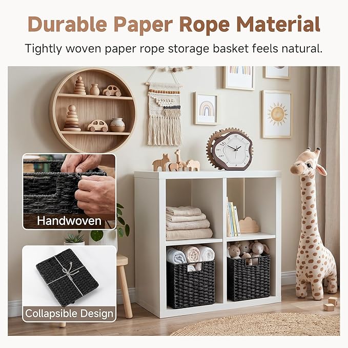 StorageWorks 9 inch Wicker Storage Cubes, Handwoven Wicker Baskets for Storage, Square Cube Basket, Foldable Paper Rope Basket for Organizing, Black, 2 Pack