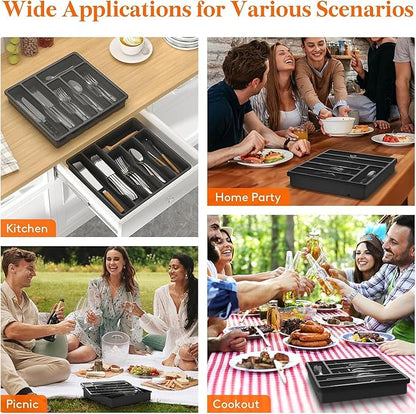 Organizer with Lid, 6 Compartments Covered Utensil Tray for Kitchen Drawer and Countertop, Plastic Cutlery and Flatware Storage Box for Spoons Forks Knives Holder Case, Grey
