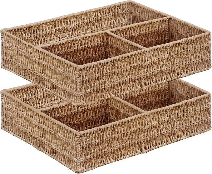 Vagusicc Wicker Divided Storage Basket, Wicker Baskets, Basket for Shelves Drawer Organizing, 3 Section Rectangular Woven Storage Baskets, 2-Pack, Natural