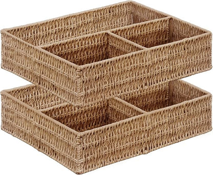 Vagusicc Wicker Divided Storage Basket, Wicker Baskets, Basket for Shelves Drawer Organizing, 3 Section Rectangular Woven Storage Baskets, 2-Pack, Natural