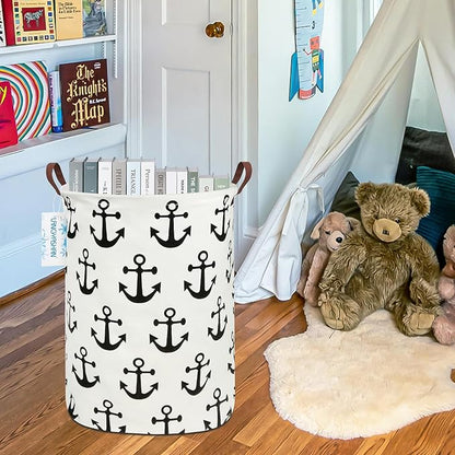 Laundry Basket Canvas Fabric Collapsible Organizer Basket for Storage Bin Toy Bins Gift Baskets Bedroom Clothes Children Nursery Hamper (anchor)