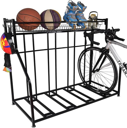 4 Bike Rack Garage,4 Bike Stand for Garage,4 Bike Storage Rack,With storage basket adjustable hooks black metal bike stand floor for most 3"- 4" tyres bikes (4 Grids)