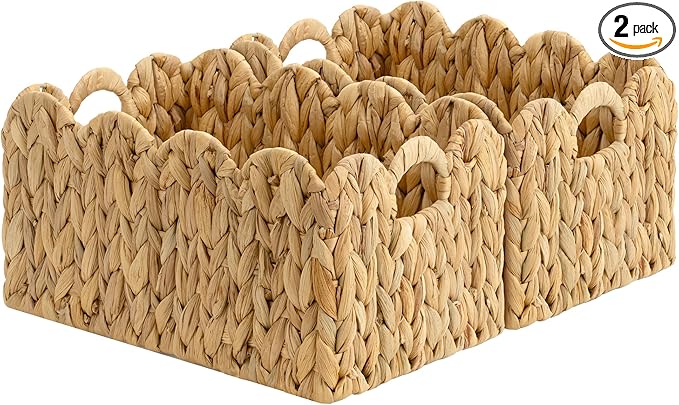 StorageWorks Scalloped Water Hyacinth Baskets, Hand-woven Rattan Baskets with Built-in Handles, Cute Baby Basket for Nursery, Basket for Organizing and Decor, 13"L x 8¼"W x 7"H