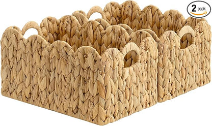 StorageWorks Scalloped Water Hyacinth Baskets, Hand-woven Rattan Baskets with Built-in Handles, Cute Baby Basket for Nursery, Basket for Organizing and Decor, 13"L x 8¼"W x 7"H