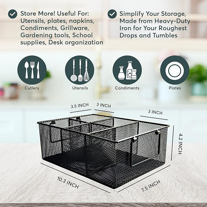 Utensil Holder for Party Hosting Essentials 4 Silverware Carrier Slots, 1 Small Paper Plate Holder, 2 Side Handles – Condiment, Grill Flatware Caddy Outdoor Cutlery Caddy (Black)