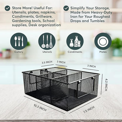 Utensil Holder for Party Hosting Essentials 4 Silverware Carrier Slots, 1 Small Paper Plate Holder, 2 Side Handles – Condiment, Grill Flatware Caddy Outdoor Cutlery Caddy (Silver)