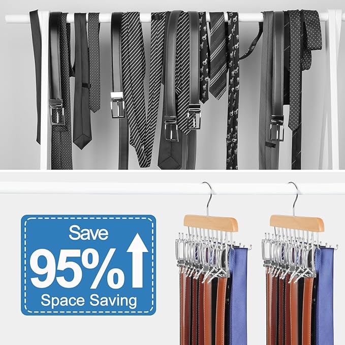 TOPIA HANGER 20 Hooks Belt Tie Hanger Space Saving for Closet, 2 IN 1 Belt Ties Racks Max 30 Belts with 30 Ties Capacity, Curved with Flat Hooks for Belts,Ties,Bras,Closet Organizers and Storage CT69N