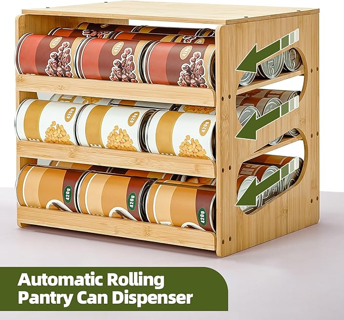 Aminigram Soup Can Organizer for Pantry, 4 Tier Pantry Can Organizers and Storage, Rolling Bamboo Canned Food Storage for Countertop Kitchen Cabinet