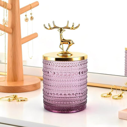 2 Set Purple Glass Cotton Swab Jars with Gold Lids – Vanity Countertop Organizer Containers for Cotton Pads, Floss Picks, Bath Salts