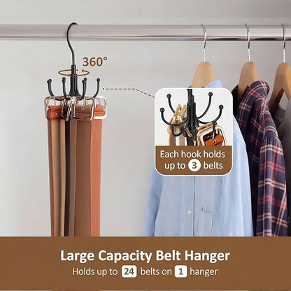 ZEDODIER 2 Pack Belt Organizer for Closet, Heavy-Duty Rotating Belt Hanger Rack Holds up to 48 Belts, Hanging Space Saving Metal Belt Holder for Closet Storage, Black