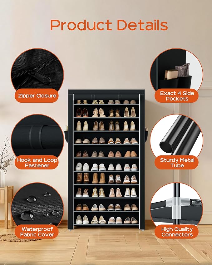 CASAMAYA Shoe Rack with Covers, 10 Tiers Tall Shoe Rack Organizer, Large Capacity Shoe Shelf Storage, Hold 40 Pairs of Shoes, Vertical Shoe Storage Organizer for Closet, Entryway, Black, SRT104B01