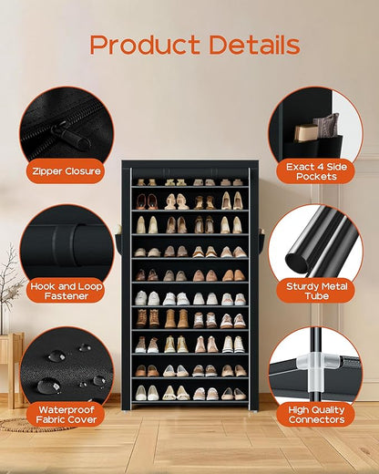 CASAMAYA Shoe Rack with Covers, 10 Tiers Tall Shoe Rack Organizer, Large Capacity Shoe Shelf Storage, Hold 40 Pairs of Shoes, Vertical Shoe Storage Organizer for Closet, Entryway, Black, SRT104B01