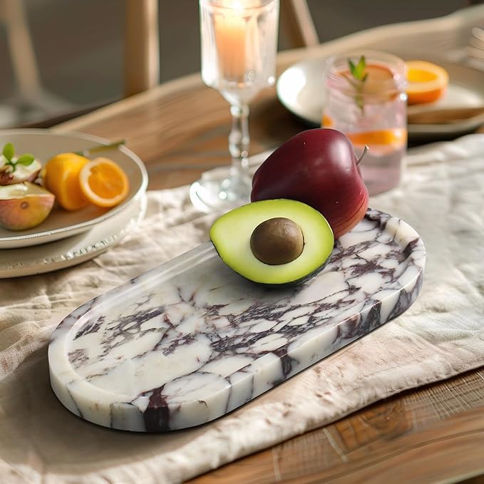 YMXYJM Real Natural Marble Tray for Bathroom, Luxury Calacatta Viola Stone Vanity Tray, Decorative Oval Trays for Countertop Storage Organizer, Dresser, Kitchen, Home Decor, 11.8" x 6", Purple