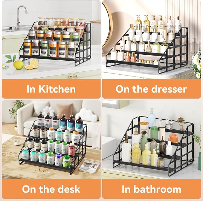 Bunoxea Spice Rack 4 Tier Kitchen Cabinet Organizer,Countertop Spice Rack,Tier Depth Adjustable Cabinet Shelf,Step Spice Organization Easy Visibility,Holds Seasoning and Condiments