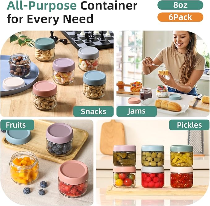 NETANY 6-pack 8oz Glass jars with Airtight Lids, Overnight Oats Containers with Lids, Wide mouth Mason Salad jars, Glass Food Storage Containers for Snacks Yogurt Spice Sugar