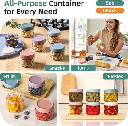NETANY 6-pack 8oz Glass jars with Airtight Lids, Overnight Oats Containers with Lids, Wide mouth Mason Salad jars, Glass Food Storage Containers for Snacks Yogurt Spice Sugar