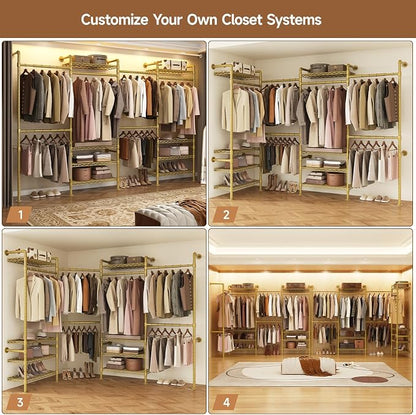 ComfyCorner Wall Mounted Garment Rack, Industrial Pipe Metal Clothing Rack with 6 Hanging Rods (4 Expandable) & 8 Shelves, Closet Organizers and Storage System for Bedroom, Walk in Closet