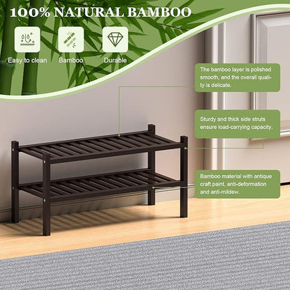 ROMGUAR CRAFT 2 Tier (Thick) Bamboo Shoe Rack for Closet Free Standing Wood Shoe Shelf for Entryway Small Space Stackable 27"x12"x14" (Black Brown)