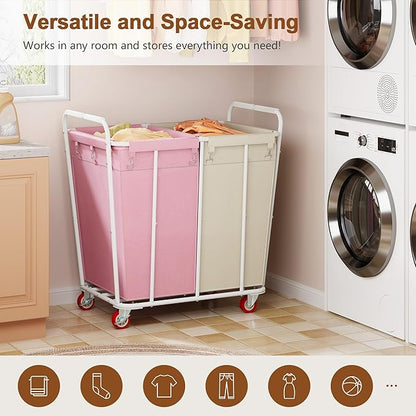 Hoctieon 2 Section Laundry Sorter Cart, 400L Rolling Hamper with Wheels, Industrial Laundry Basket Organizer, Extra Large Dirty Clothes Hamper for Home & Hotel, Heavy Duty, Pink+Beige