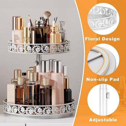 2 Tier Lazy Susan Organizer Turntable Adjustable,12 Inch Two Tier Lazy Susan Metal Easy Assembly Cleaning, Rotating Spice Rack Organizer for Cabinet Dining Table Kitchen Countertop White