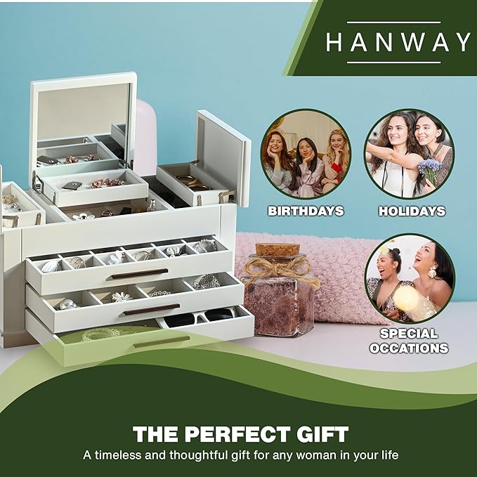 Hanway 4 Layers Wooden Jewelry Box Organizer for Women, with multiple compartments, featuring interior mirror & tray for necklaces, earrings, bracelets, glasses, and rings (white)