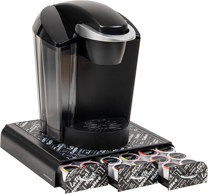 Mind Reader Single Serve Coffee Pod Organizer with 3 Drawers, 36 Pod Capacity, 12.25"L x 13.5"W x 2.5"H, Black Print