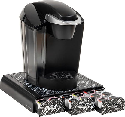 Mind Reader Single Serve Coffee Pod Organizer with 3 Drawers, 36 Pod Capacity, 12.25"L x 13.5"W x 2.5"H, Black Print